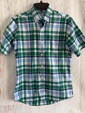 Izod Green Blue White Plaid Short-Sleeve Button-Down Shirt